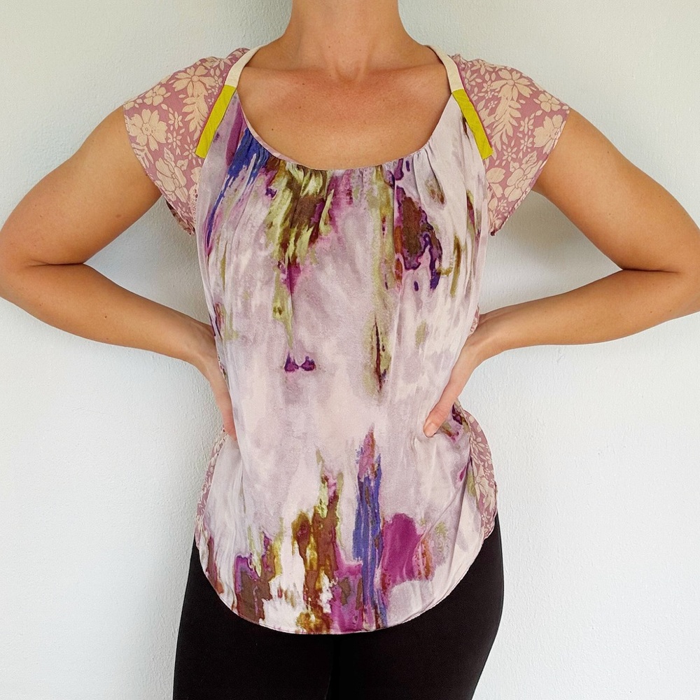 Anthropologie a common thread silk purple watercolor short sleeve blouse small